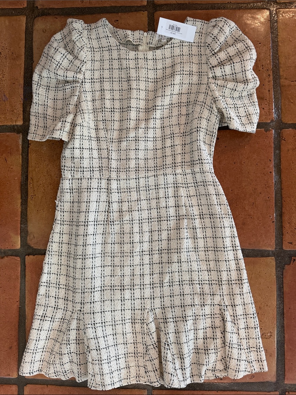 TCEC Cream Tweed Plaid Puff-Sleeve Dress